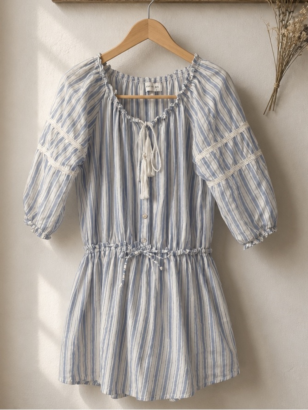 Faithfull the Brand Blue and White Striped Cotton Dress with Tassel Tie